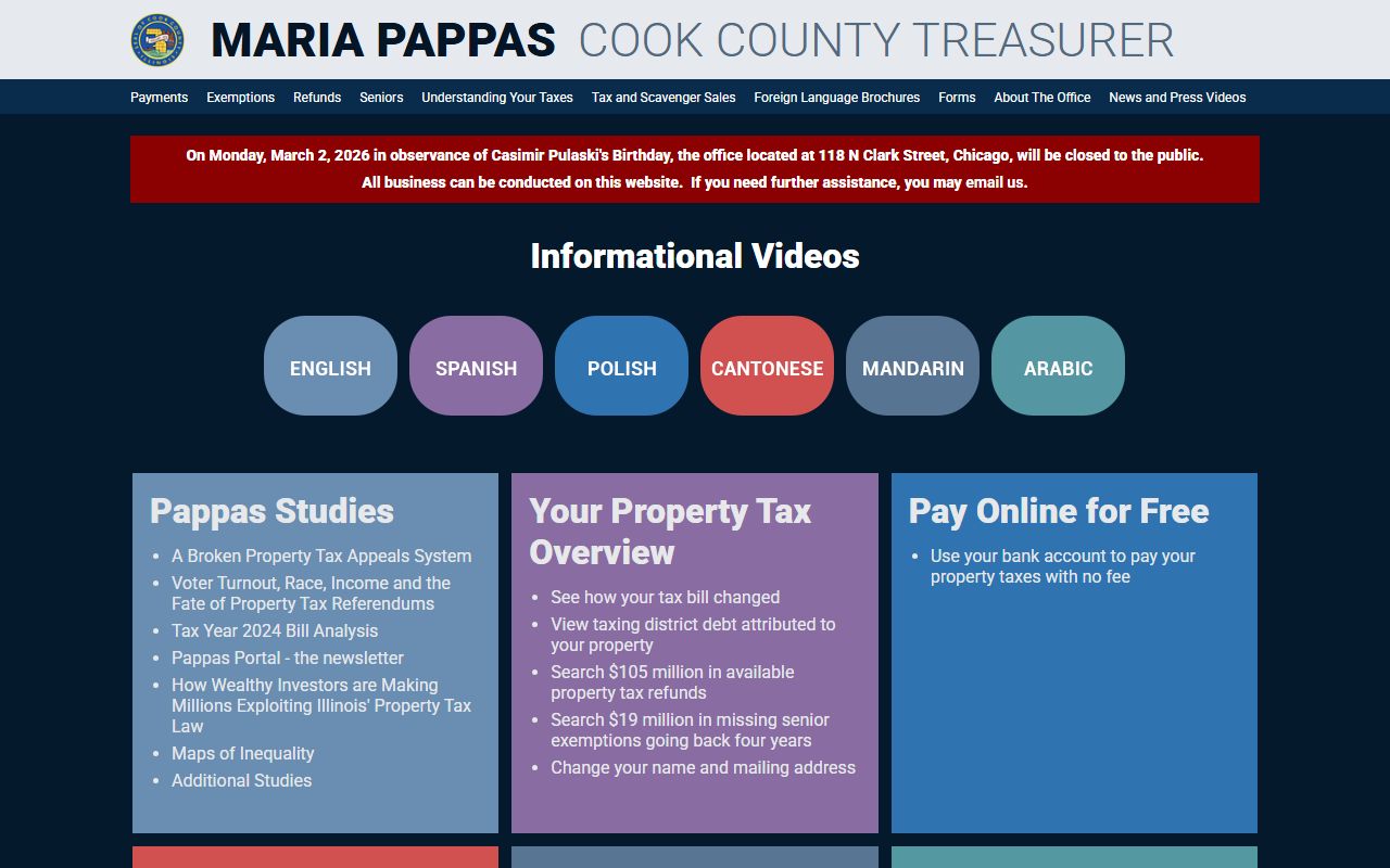 Cook County Treasurer homepage for people search tax records