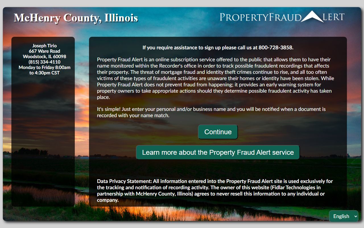 McHenry County people search property fraud alert sign-up page