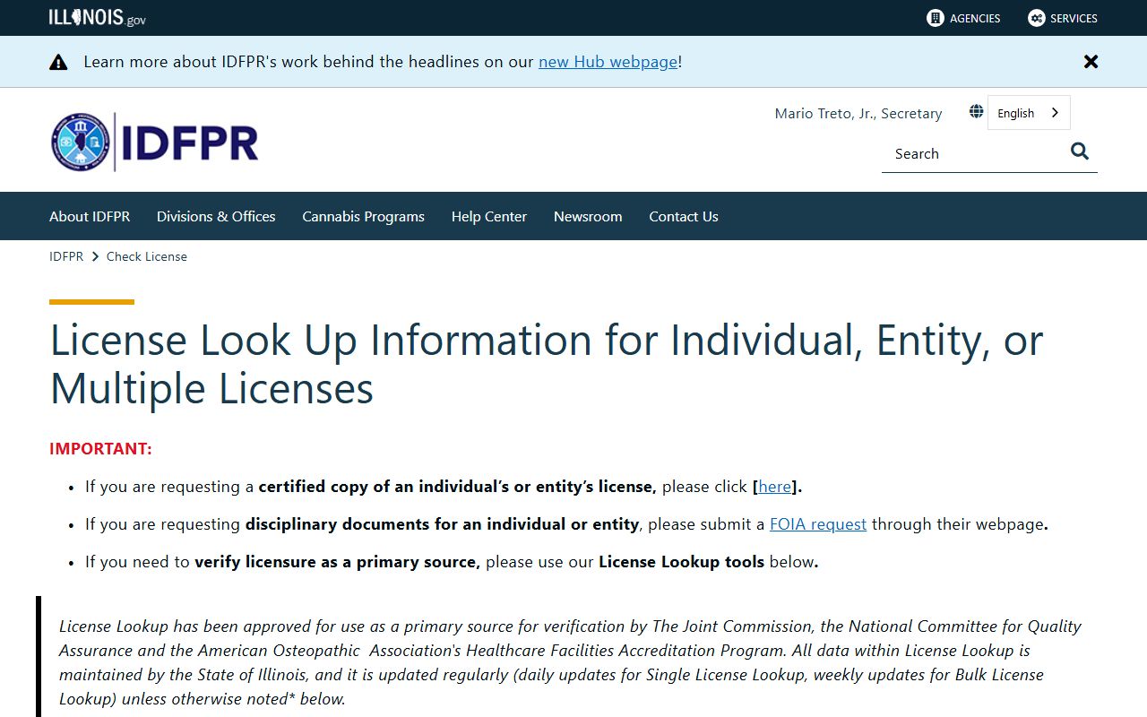 Illinois People Search IDFPR check license page