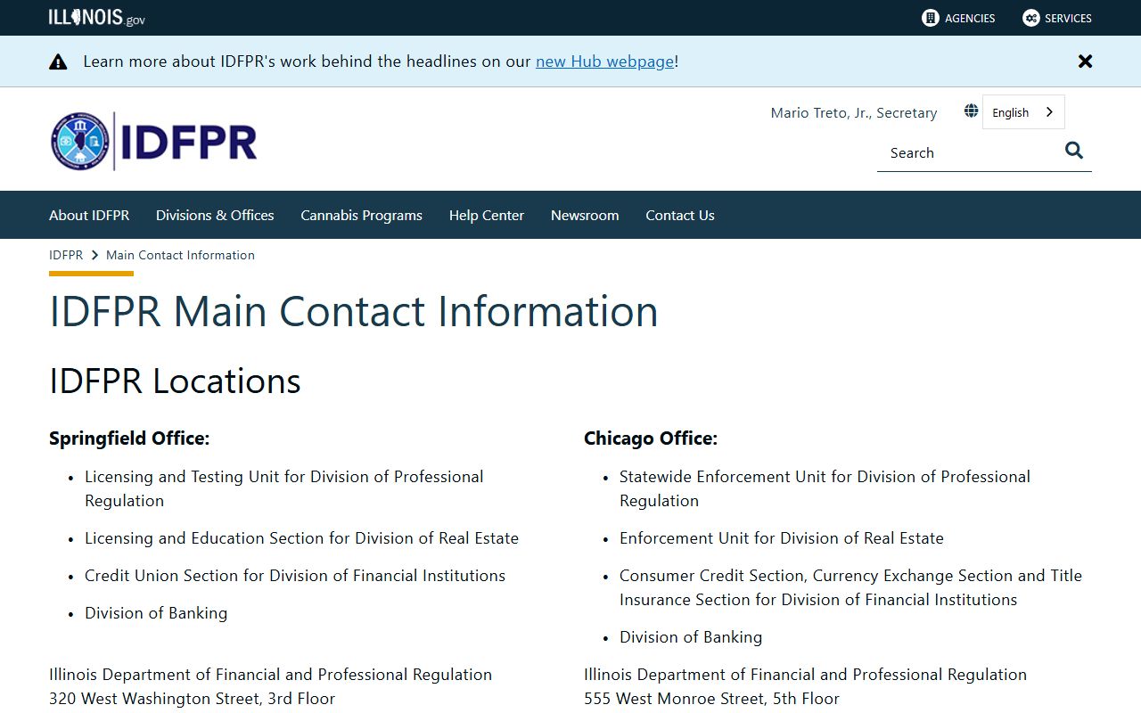Illinois People Search IDFPR contact information page
