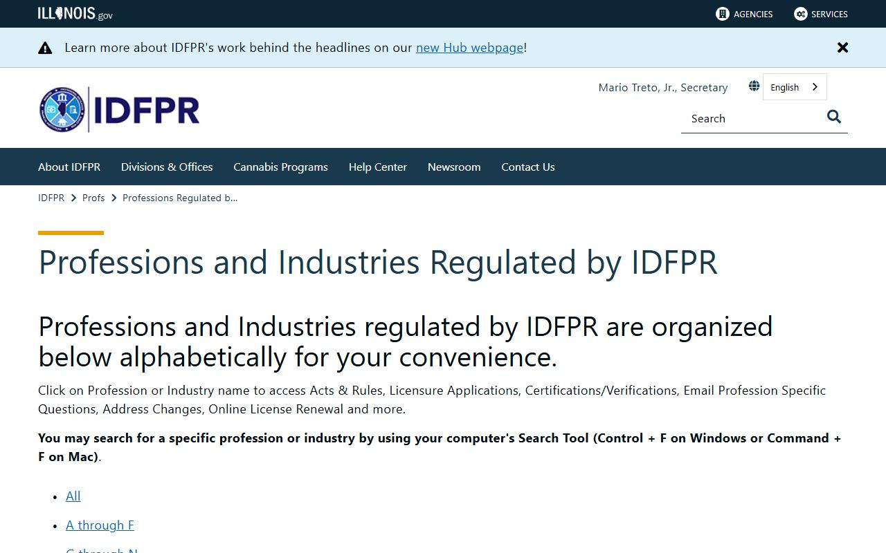 Illinois People Search IDFPR professions list